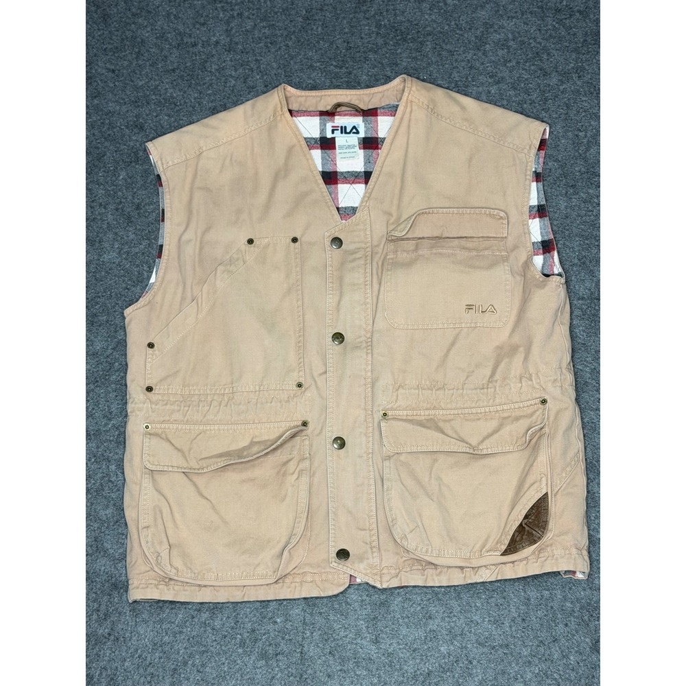 Fila Mens Vintage Canvas Utility Vest Tan Plaid Flannel‎ Lined Leather Trim L